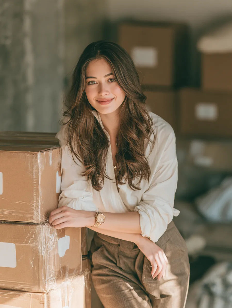 Woman in her 20s resting against a stack of labeled moving boxes