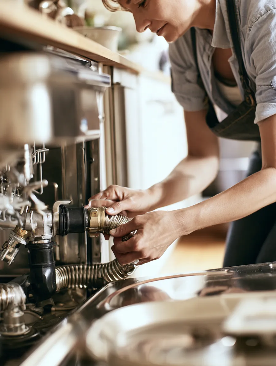 Hands of a woman in her 40s connecting the hose of a new dishwasher under the counter