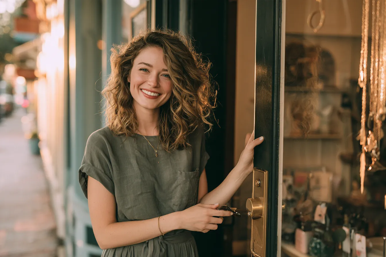 Woman in her late 20s, boutique owner unlocking the glass door of her small shop at sunrise — a makwa loan kind of morning