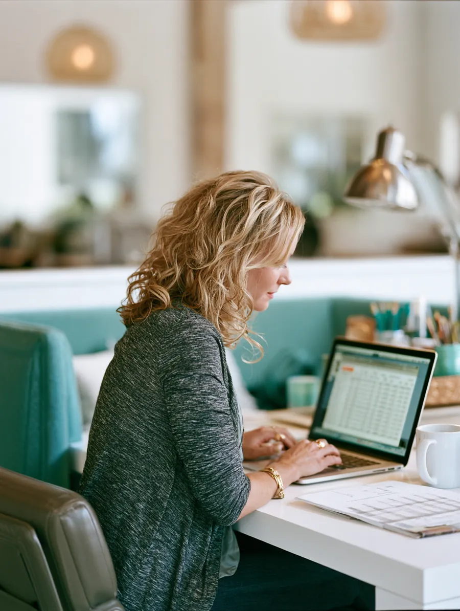 Woman in her 40s comparing rate tables on a laptop at a bright desk nook