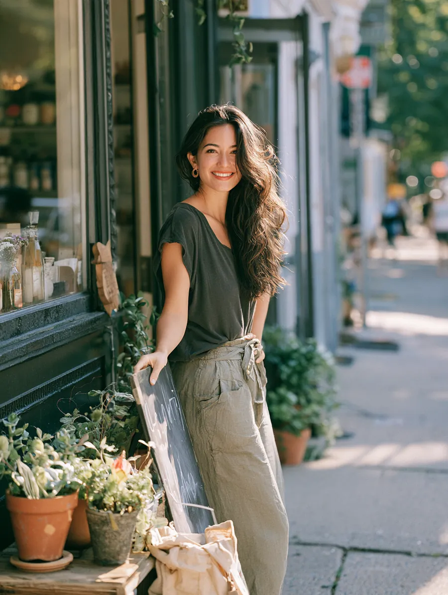 Shop owner in her 30s setting out a chalkboard sign and potted plants by her storefront